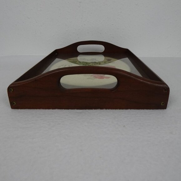 Vintage Wood Serving Tray with Floral Cross Stitch Insert Clear Plastic Overlay - Picture 6 of 9